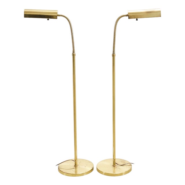 Pair of Mid-Century Brass Adjustable Pharmacy Floor Lamps For Sale