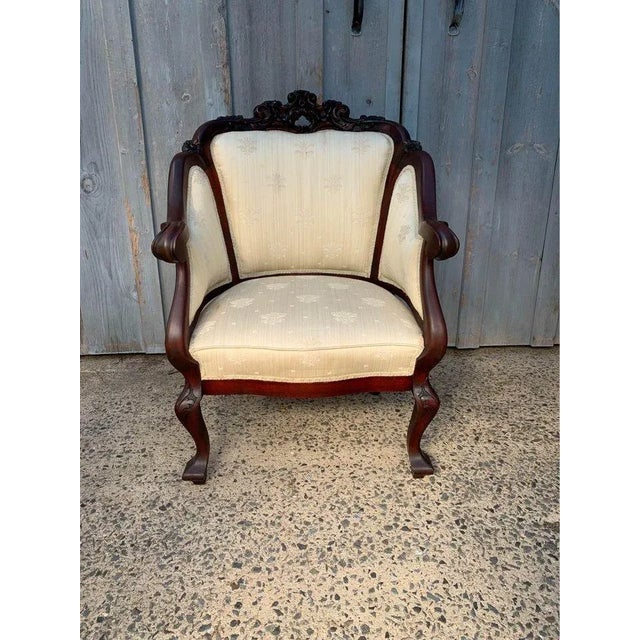 Early 20th Century Antique Victorian Style Carved Walnut Parlor Set, Loveseat and Lounge Chair For Sale - Image 12 of 13