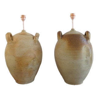 Large Pottery Olive Oil Jar Table Lamps, Set of 2 For Sale
