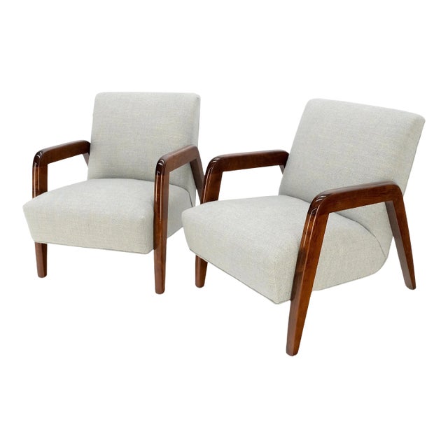 New Linen Upholstery Heavy Solid Maple Frames American Lounge Chairs - A Pair For Sale