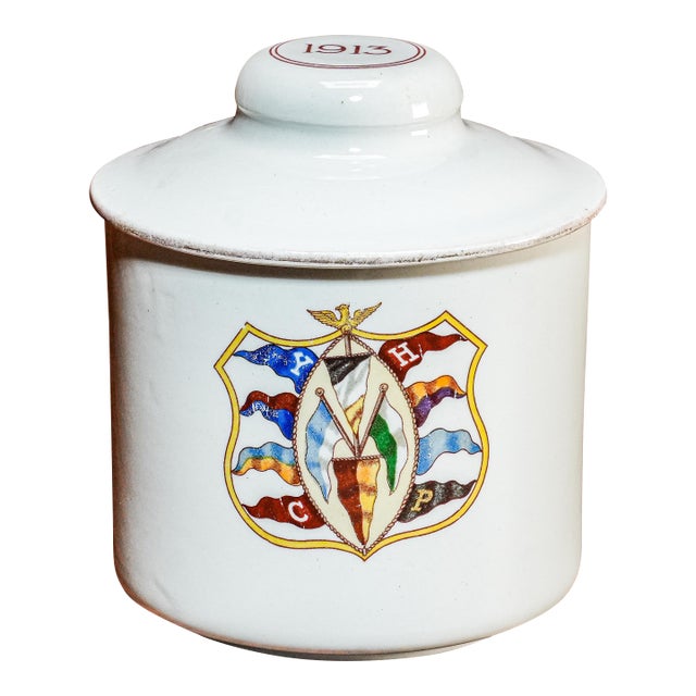 Neat Ivy League Antique Porcelain Tobacco Jar Yale, Harvard, Columbia, Princeton Tobacciana For Sale