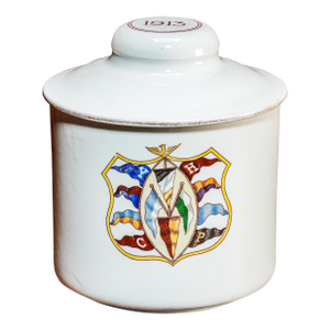 Neat Ivy League Antique Porcelain Tobacco Jar Yale, Harvard, Columbia, Princeton Tobacciana
