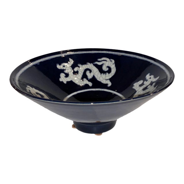 Asian Modern Blue and White Glazed Flared Dragon Bowl For Sale