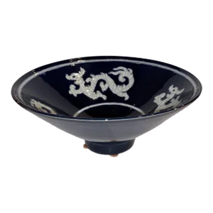 Asian Modern Blue and White Glazed Flared Dragon Bowl