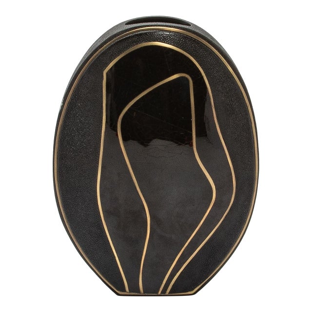 Modern Vase in Shagreen With Black Shell and Brass Details by R&y Augousti For Sale