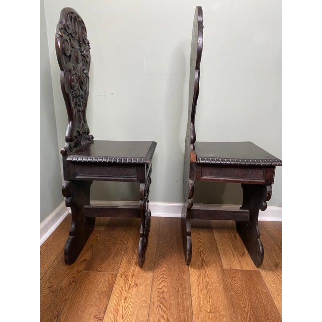 19th Century Pair of 19th-Century Italian Renaissance Revival Carved Walnut Sgabelli Chairs For Sale - Image 5 of 12