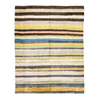 Modern Tulu Handmade Striped Pattern Multicolor Wool Rug For Sale