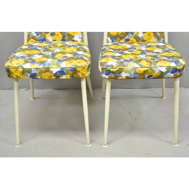 Metal Vintage Retro Atomic Era Metal Kitchen Dining Chairs W/ Blue Yellow Flowers Pair For Sale - Image 7 of 12