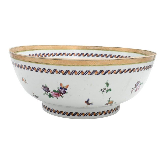 Chinoiserie Large Antique 18th Century Chinese Export Famille Rose Porcelain Punch Bowl Decorated With Flowers, Fruit and Butterflies For Sale - Image 3 of 12