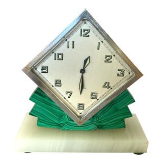 1920s Swiss 8-Day Windup Art Deco Clock With Malachite Features, Onyx Base For Sale