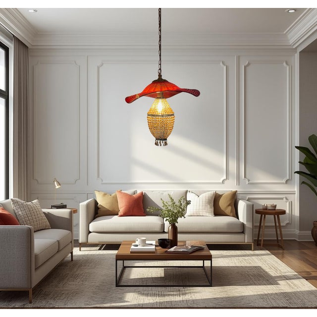 Red Murano Swirl Art Glass Shade and Amber Beads Pendant Lamp For Sale - Image 10 of 18