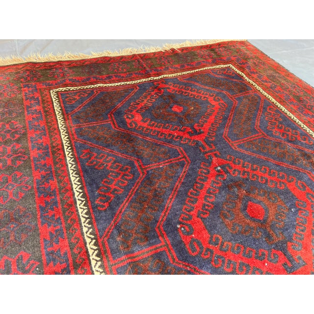 Vintage Afghan Hand-Knotted Baluchi Soft Rug, Red & Blue Tribal Design, Wool Pile Rug For Sale - Image 4 of 10