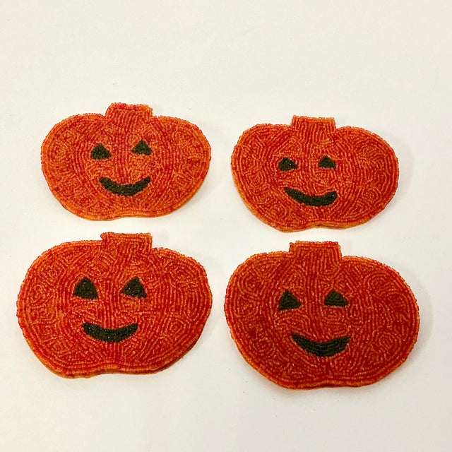 1980s 1980s Vintage Americana Boho Chic Beaded Pumpkin Jack-O-Lantern Coasters - Set of 4, Halloween For Sale - Image 5 of 9