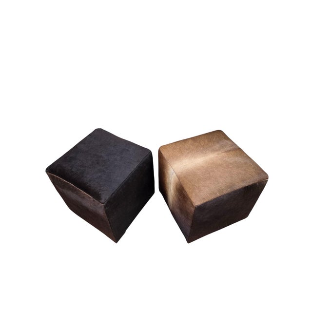 Mid 20th Century Cube Ottomans Newly Reupholstered in Genuine Hair-on-Hide Steer Hide - Pair For Sale - Image 9 of 12