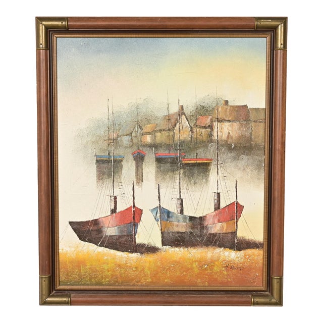 Original Artist Signed ‘Seaside Harbor’ Acrylic Painting in Carved Walnut and Brass Frame For Sale
