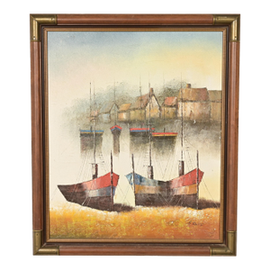 Original Artist Signed ‘Seaside Harbor’ Acrylic Painting in Carved Walnut and Brass Frame