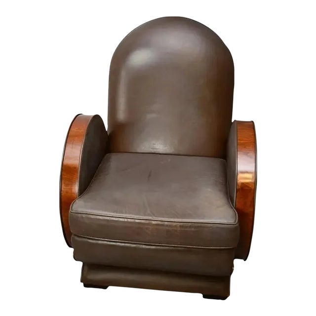 1970s Art Deco Style Brown Leather and Walnut Arm Chair For Sale