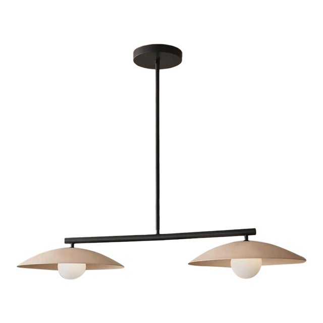 Mid Century Linear Brass Pendant Light | Modern 2 Light Kitchen Island Chandelier | Luxury Brass Dining Table Light | For Sale