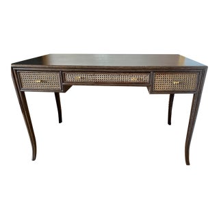 1970s Vintage McGuire Caned Writing Desk with Black Leather Top For Sale