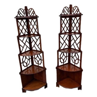 Pair of Hand Carved Fretwork Mahogany Corner Shelfs Bookcases Etageres For Sale