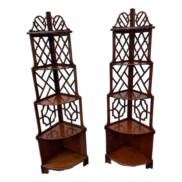 Pair of Hand Carved Fretwork Mahogany Corner Shelfs Bookcases Etageres For Sale