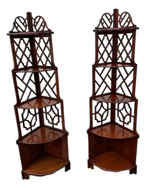 Pair of Hand Carved Fretwork Mahogany Corner Shelfs Bookcases Etageres
