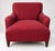An upholstered armchair featuring low flared arms, a deep cushioned seat, and a tight backrest covered in a deep red...