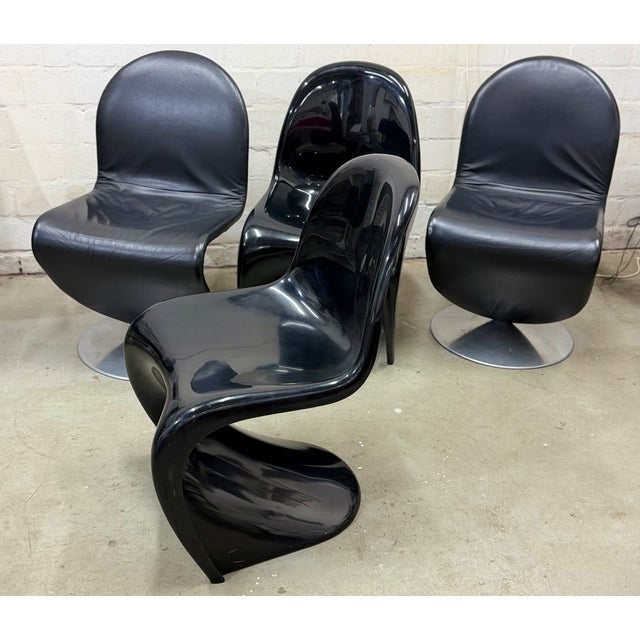 Mid-Century Modern Model 1-2-3 Side Chairs and Panton Chairs in Black Leather by Verner Panton for Fritz Hansen & Fehlbaum, 1970s, Set of 4 For Sale - Image 3 of 16