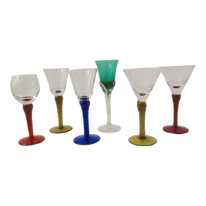Vintage Multicolor Blown Glass Cordial Glasses, Set of Six
