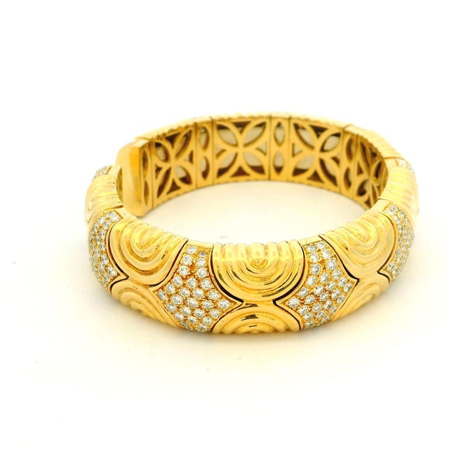 Metal Vintage Italian 18k Gold Diamond Wide Cuff Bracelet For Sale - Image 7 of 16