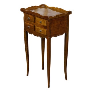 French Turn of the Century Walnut Side Table with Carved Tray Top and Drawers For Sale