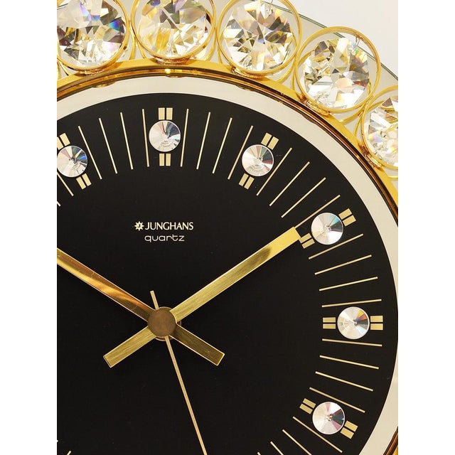 1970s German Hollywood Regency Golden Wall Clock in Gilt with Crystals by Junghans, 1970s For Sale - Image 5 of 15