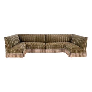 Two Way Two Part "C" Shape Striped Upholstery Custom Sofa Couch w/ Tassels MINT! For Sale