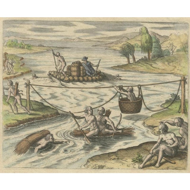 Paper River Crossing by Indigenous People with Rafts and Canoes, 1594, Paper For Sale - Image 7 of 9