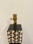 Stylish Currey & Co Marquetry Wood & Resin lamp on black square base. Gold accents. Showroom floor sample.