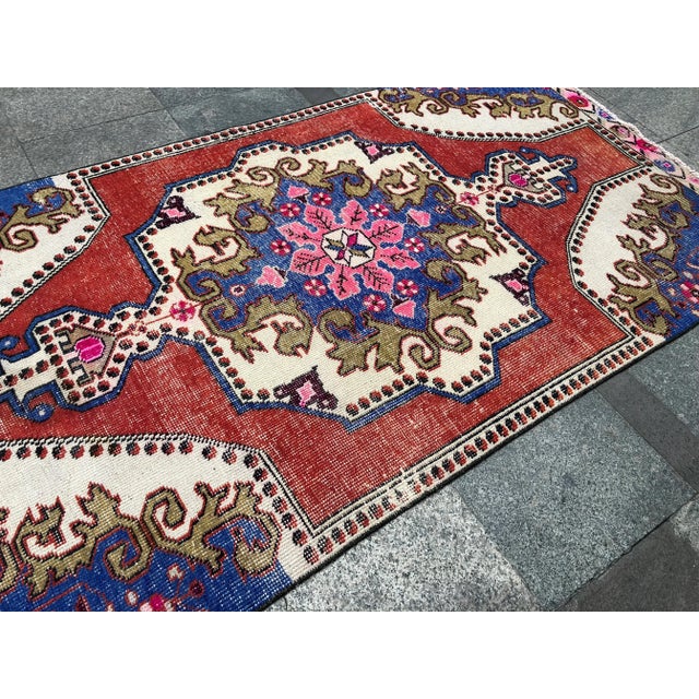 Textile 1960s Vintage Turkish Oushak Hand-Knotted Rug - 3′10″ × 7′3″ For Sale - Image 7 of 11