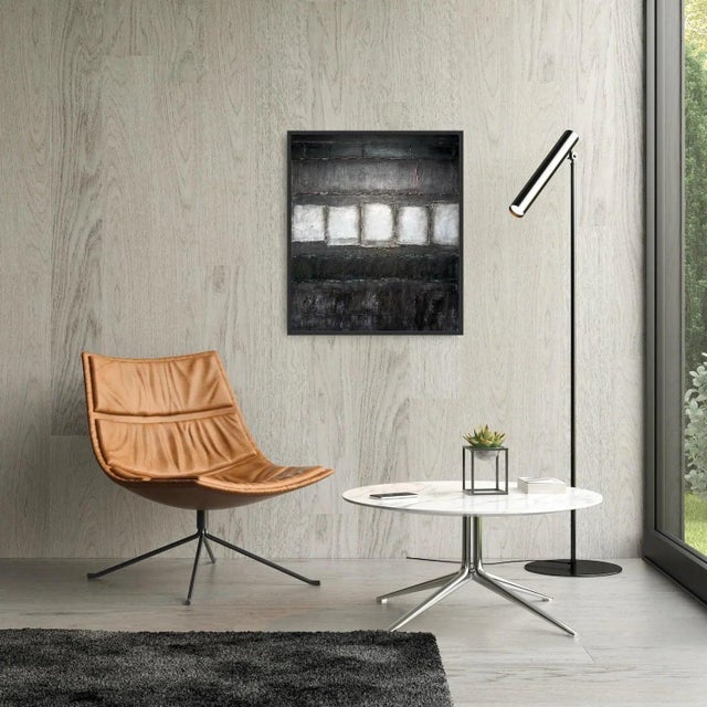 Black and white abstraction over blue, pink, green, and brown. Oil on canvas by Diane Grant. Oil on canvas. Signed on the...