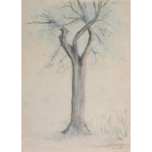 Rustic Small Vintage Lone Tree in Winter Watercolor Painting For Sale - Image 3 of 3