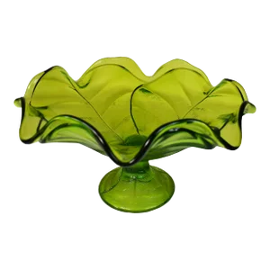 Mid 20th Century Large Pedestal Green Glass Bowl With Ruffle Edge and Leaves Design