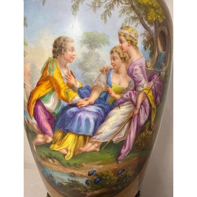 Large Antique Ornate Sevres Painted Porcelain Bronze Electric Table Lamp Vase For Sale - Image 11 of 16