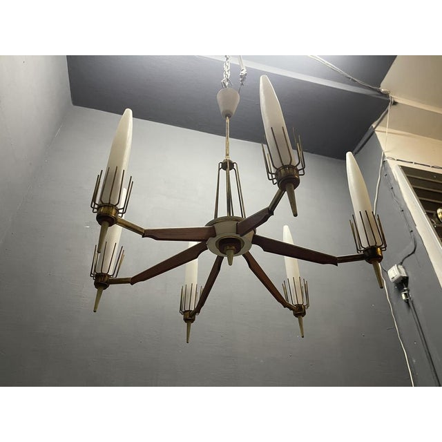 Vintage Italian Walnut Veneer and Opaline Glass Six-Light Chandelier, 1950s For Sale - Image 13 of 18
