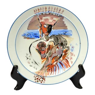 Porcelain Plate of Girl in Folk Costume with Salmon, 2000s For Sale
