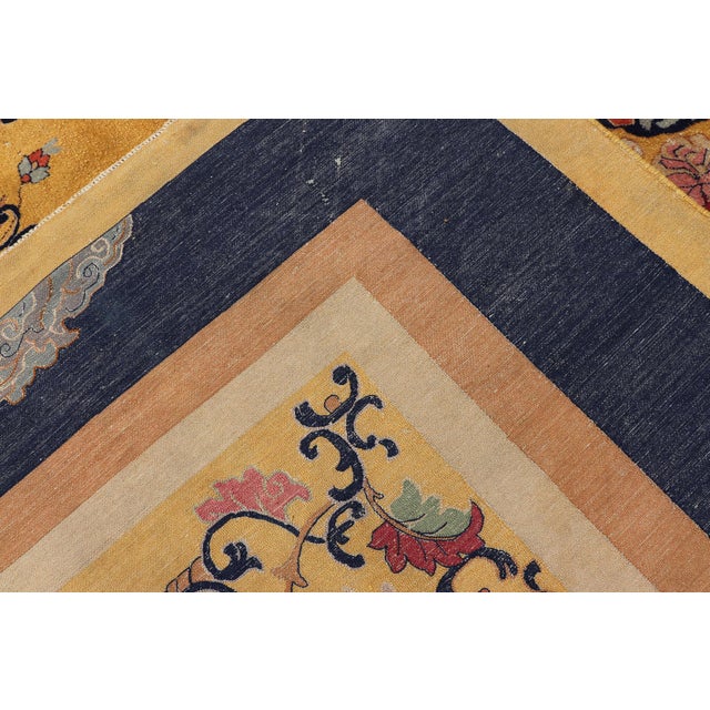 Chinese Art Deco Rug With Large Vining Flowers in Yellow and Blue 9'6 X 13'5 For Sale - Image 12 of 12
