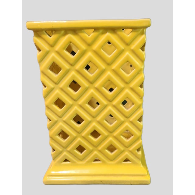 Yellow Vintage Lattice Open Work Yellow Glazed Pottery Planter For Sale - Image 8 of 9