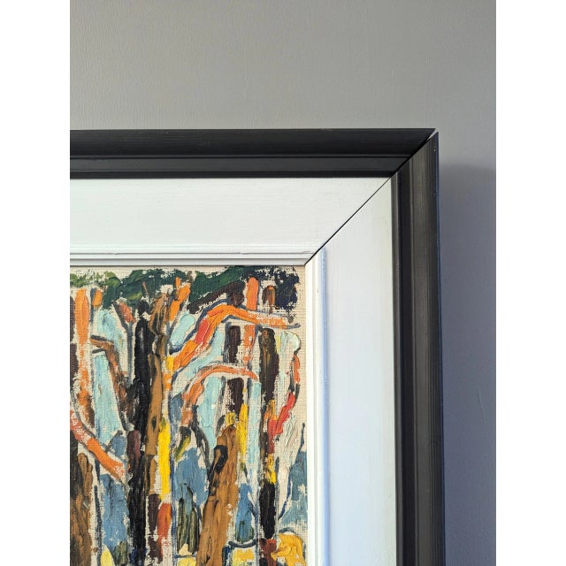 Orange Mid-Century Modern 'Woodland Colour' Vintage Mini Original Landscape Oil Painting, Framed For Sale - Image 8 of 12