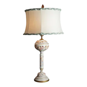Antique Classical Italian Embossed Porcelain Cherub Table Lamp, Circa 1920
