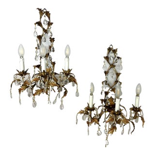 Mid Century Italian Tole Overflowing Crystal Wall Sconces- a Pair For Sale