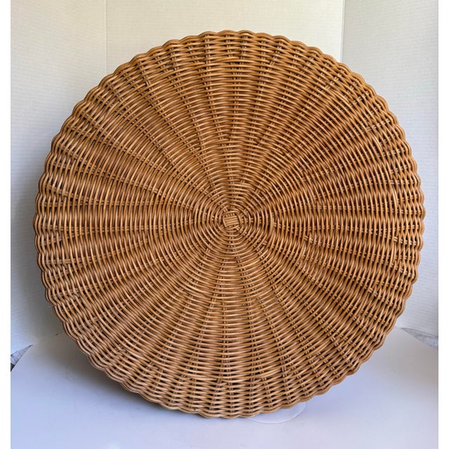 1970s Boho Chic Round Wicker Ottoman Footstool With Wood Legs For Sale - Image 9 of 10