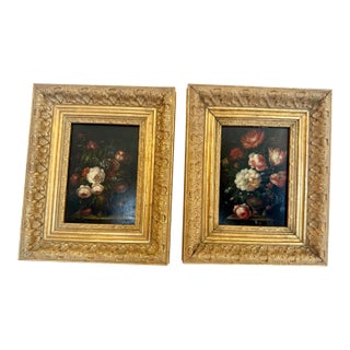 Vintage Floral Still Life Paintings in Giltwood Frames -a Pair For Sale