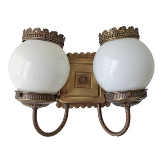 Vintage Milk Glass Globe Two Light Aged Brass Sconce For Sale